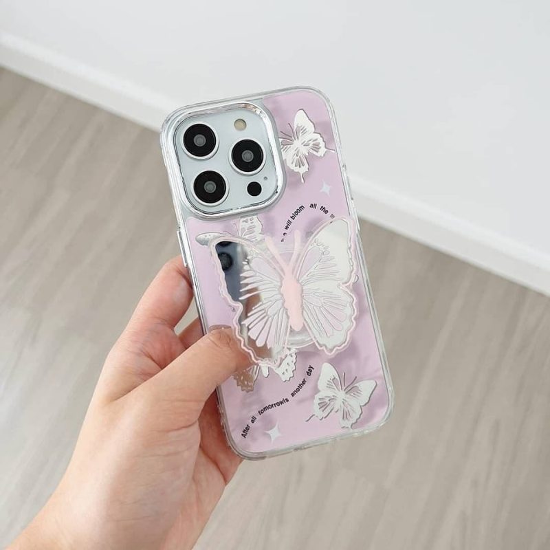 Premium Lilac Butterfly Slim With Phone Holder Case